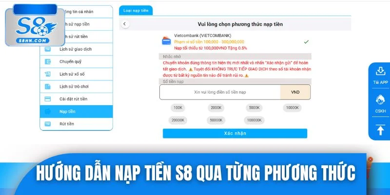 Hướng dẫn nạp tiền S8 qua từng phương thức